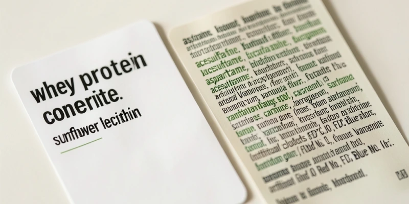 Nahaufnahme einer Zutatenliste zweier Whey-Produkte: eine kurze (3 Zutaten) vs. eine lange (12+ Zutaten) – Unterschied auf einen Blick