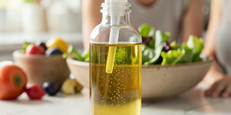 Nahaufnahme eines befüllten Glassprühers mit goldgelbem Olivenöl auf einer Küchenarbeitsplatte neben einer Salatschüssel