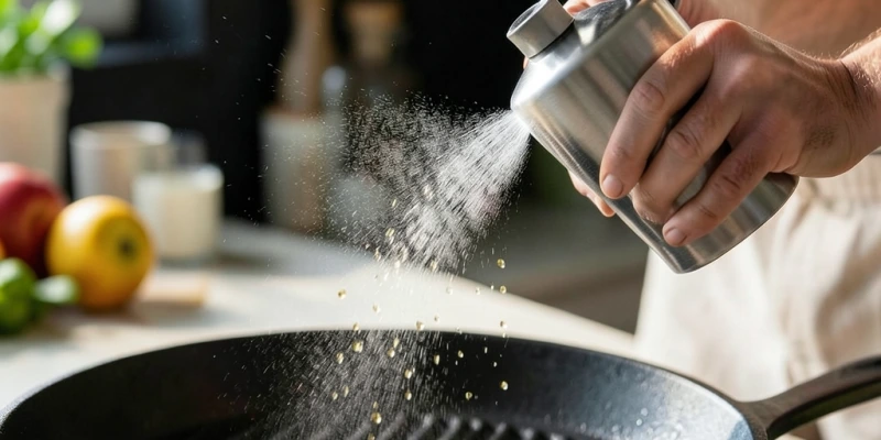 Nahaufnahme eines Edelstahl-Ölsprühers beim Einsprühen einer Grillpfanne – feiner Sprühnebel sichtbar
