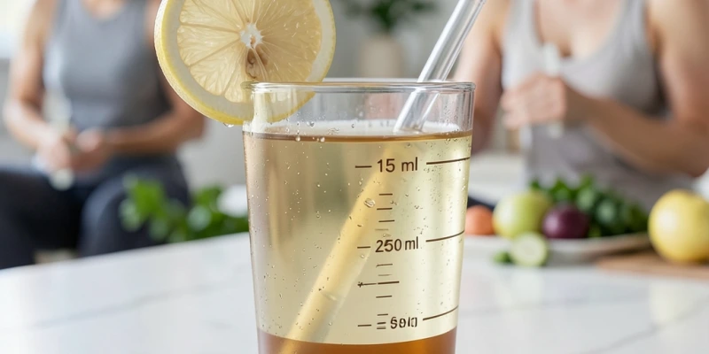 Nahaufnahme eines Glases mit verdünntem Apfelessig und einem Strohhalm – mit visueller Markierung der richtigen Mischung: 15 ml Essig auf 250 ml Wasser