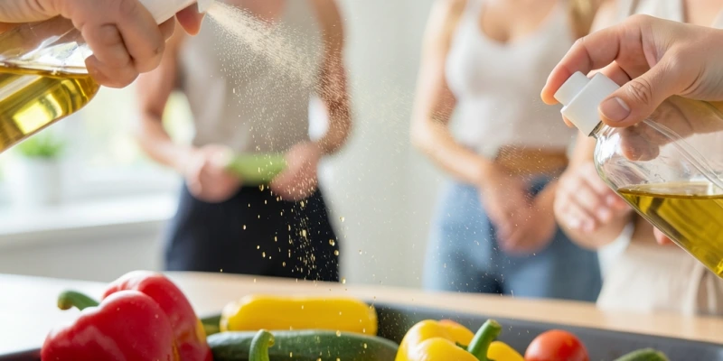 Nahaufnahme eines gleichmäßigen Ölnebels, der aus einer Drucksprühflasche auf ein Backblech mit Gemüse gesprüht wird