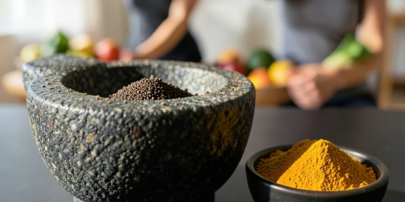 Nahaufnahme eines Mörsers mit frisch gemahlenem schwarzen Pfeffer neben einem kleinen Schälchen Kurkumapulver – Visualisierung der Piperine-Curcumin-Kombination