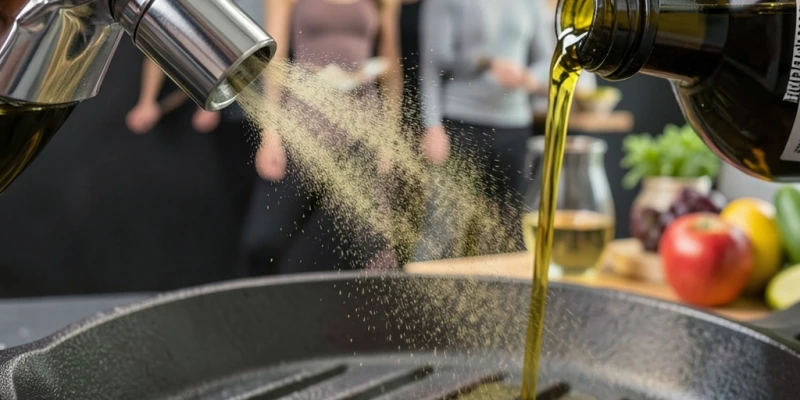Nahaufnahme eines Ölsprühers, der eine dünne, gleichmäßige Ölschicht auf einer Grillpfanne verteilt – sichtbarer Kontrast zu einem direkt eingeschütteten Ölstrahl