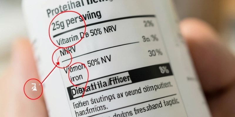 Nahaufnahme eines Produktetiketts mit Markierungen bei: Proteingehalt, Vitamindeckung in % NRV, Ballaststoffgehalt – zeigt, wo man hinschauen muss