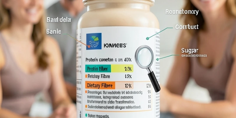 Nahaufnahme Etikett eines Mahlzeitenersatz-Shakes mit Markierungen: EU-Kennzeichnung, Proteingehalt, Ballaststoffe, Zuckeranteil – erklärendes Infografik-Format