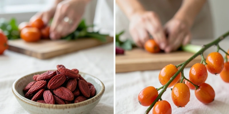 Nahaufnahme getrockneter Goji-Beeren neben frischen roten Goji-Früchten am Strauch – Vergleich von Farbe und Konsistenz, Darstellung des Zeaxanthin-reichen roten Pigments