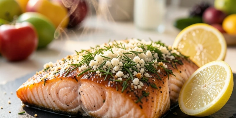 Nahaufnahme: Lachsfilet mit Kräuterkruste aus 10 g gemahlenem Parmesan, frisch aus dem Ofen – goldbraune Oberfläche ohne Semmelbrösel