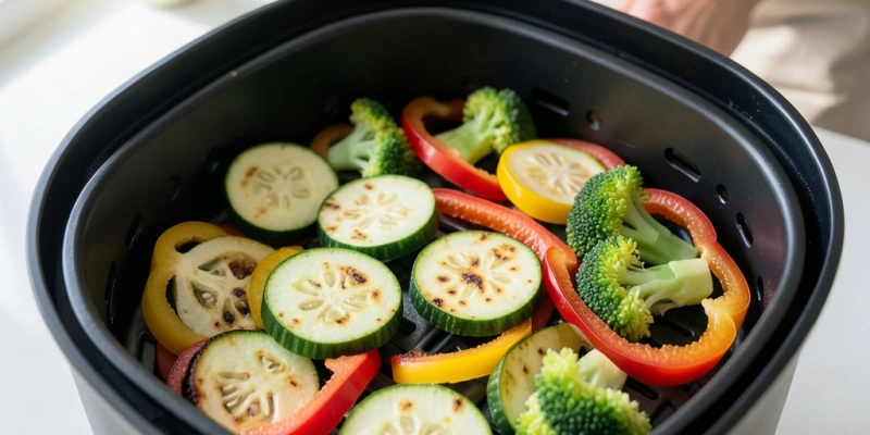 Nahaufnahme von geröstetem Gemüse (Zucchini, Paprika, Brokkoli) im Airfryer-Korb mit leicht gebräunten Stellen – kein sichtlicher Ölfilm