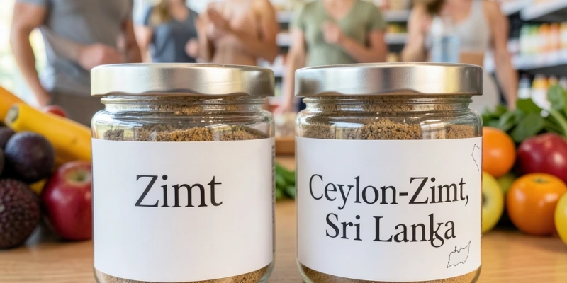 Nahaufnahme zweier Gewürzregale-Etiketten – links „Zimt" ohne Herkunft, rechts „Ceylon-Zimt, Sri Lanka" – als Einkaufsentscheidungshilfe
