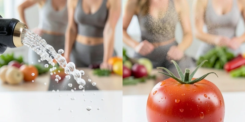 Nahaufnahme zweier Sprühköpfe im Vergleich – links grober Wasserstrahl, rechts feiner Ölnebel über einer Tomate