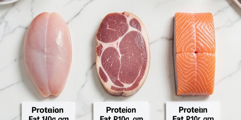 Nebeneinander: 100g rohe Hähnchenbrust, 100g roher Schweinebauch, 100g Lachs – mit Beschriftung von Protein- und Fettgehalt je Portion
