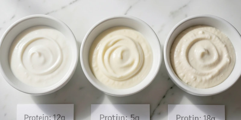 Nebeneinander: 200 g Magerquark, 200 g Joghurt 3,5 % und 200 g Skyr – mit Proteinangabe pro Portion als Beschriftung