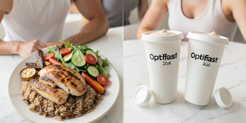Nebeneinander: Ein normales Mittagsteller mit 700 kcal vs. zwei Optifast-Shakes mit jeweils ca. 200 kcal – gleiche Kalorienangabe am Rand, unterschiedliches Volumen und Nährstoffprofil sichtbar