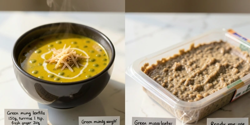Nebeneinander: ein Schüssel Mung-Dal-Suppe mit Kurkuma und frischem Ingwer (beschriftet mit Zutaten und Mengen) vs. ein typisches Fertiggericht gleicher Kalorienmenge – Vergleich Sättigungswirkung und Verarbeitungsgrad