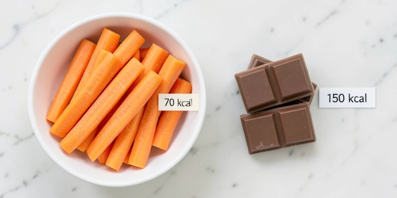 Nebeneinander: Eine Schale mit 200g Karottensticks (ca. 70 kcal) und daneben drei Riegel Milchschokolade (ca. 150 kcal) – mit Kalorien-Beschriftung und Volumen-Vergleich