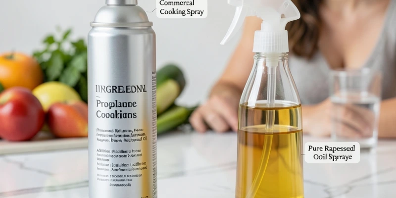 Nebeneinander: Handelsübliches Kochspray mit Zutatenliste vs. befüllbarer Glasölsprüher mit reinem Rapsöl – Beschriftung der Unterschiede