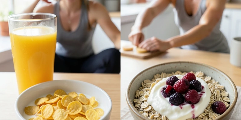 Nebeneinander: Schüssel Haferflocken mit Skyr und Beeren vs. Schüssel Cornflakes mit Milch und Glas OJ – sichtbarer Unterschied in Lebensmittelstruktur und Farbgebung