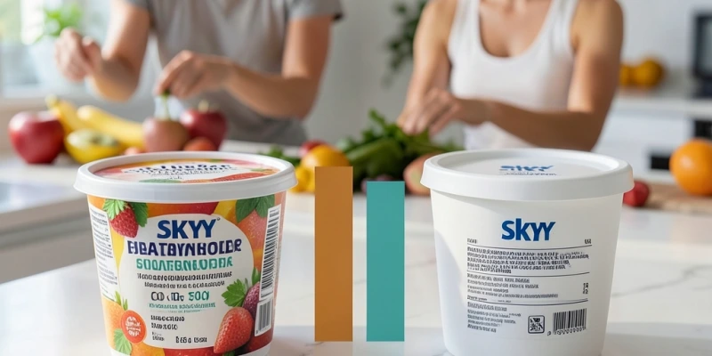 Nebeneinanderstellung: Fruchtjoghurt 150 g (Zuckeranteil auf Etikette sichtbar) vs. Skyr 150 g – Proteingehalt und Zuckergehalt als Balken visualisiert