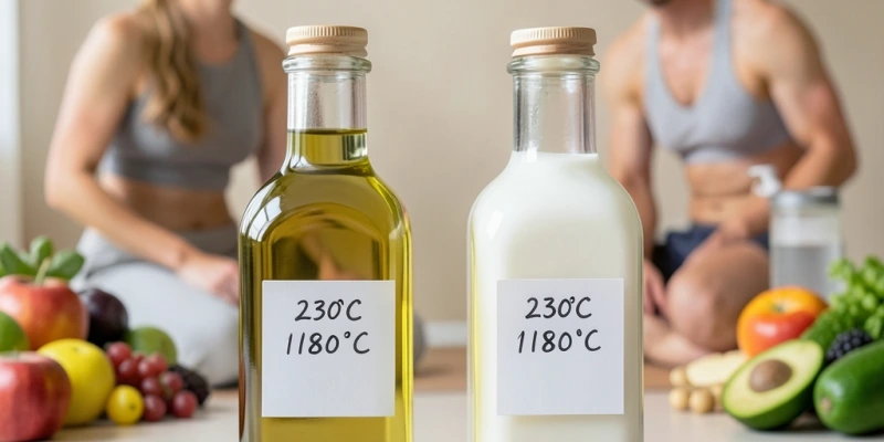 Nebeneinanderstellung verschiedener Öle in Glasflaschen – Rapsöl, Olivenöl, Avocadoöl, Kokosfett – mit sichtbaren Temperaturgrenzen als Beschriftung