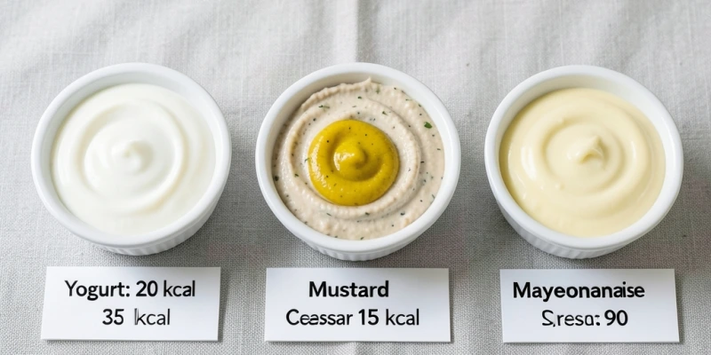 Nebeneinanderstellung von 2 EL verschiedener Saucen in kleinen Schälchen: Naturjoghurt, Hummus, Senf, Caesar-Dressing, Mayo – jeweils mit ungefährem Kaloriengehalt beschriftet.