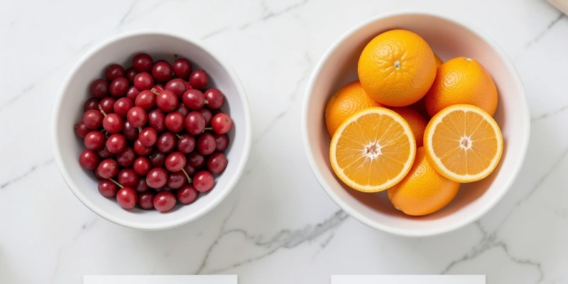 Nebeneinanderstellung von Acerola-Kirschen (ca. 30g) und Orangen (ca. 500g) mit Beschriftung: „Ungefähr gleiche Menge Vitamin C – links 30g Acerola, rechts 500g Orange"