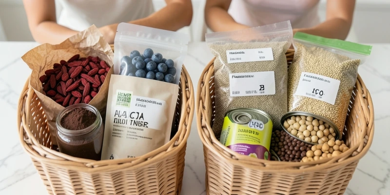 Nebeneinanderstellung zweier Einkaufskörbe: links „Superfood-Version" mit Acai-Pulver, Gojibeeren, Hanfsamen; rechts „Alltagsalternative" mit Heidelbeeren, Leinsamen, Hülsenfrüchten – visueller Preisvergleich mit ähnlichem Nährstoffprofil