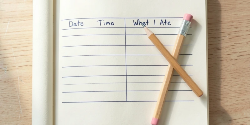 Notizbuch mit einer einfachen Tabelle: Datum, Uhrzeit, Stimmung, was gegessen – als Vorlage zum Selbst-Ausfüllen