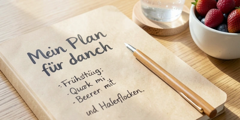 Notizbuch mit handgeschriebenem „Mein Plan für danach" – darunter ein einfaches Frühstück notiert: Quark mit Beeren und Haferflocken, dazu ein Glas Wasser – kein aufwendiges Rezept, sondern eine klare, bereitliegende Antwort