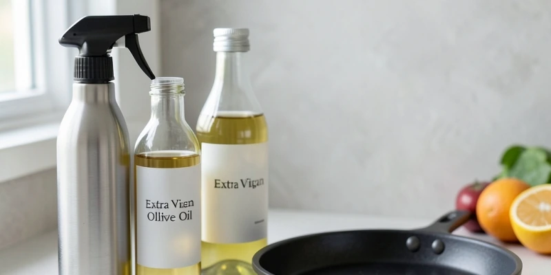 Ölsprüher auf einer Küchenarbeitsfläche, daneben eine Flasche gefiltertes Olivenöl und eine Pfanne – klare, alltägliche Küchenszenerie ohne Dekoration