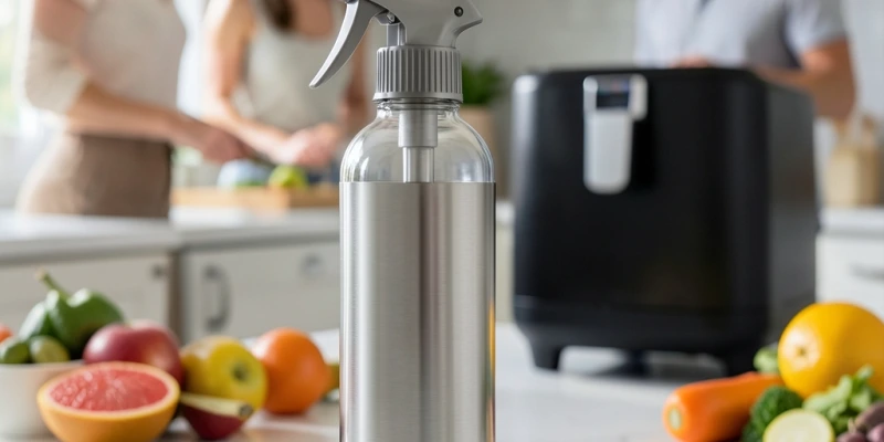 Ölsprüher aus Glas oder Edelstahl auf einer Küchenarbeitsfläche neben einem Airfryer – sachlich, ohne Werbewirkung