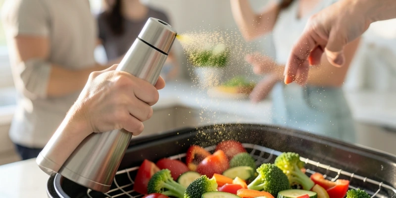 Ölsprüher in Aktion über einem Airfryer-Gitterkorb – sichtbare feine Ölschicht auf Gemüse