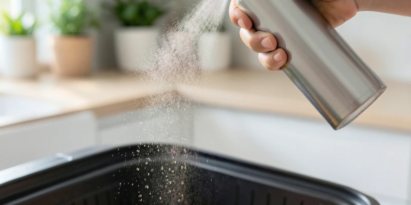 Ölsprüher in der Hand, ca. 30 cm Abstand zu einem Airfryer-Korb mit Gemüse – sichtbarer feiner Sprühnebel, gleichmäßig verteilt