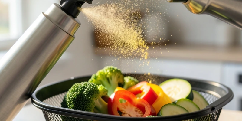 Ölsprüher wird über Gemüse im Airfryer-Korb gesprüht – sichtbarer feiner Ölnebel, kein Gießen aus der Flasche