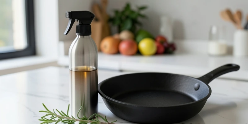 Ordentlich arrangierte Küchenarbeitsfläche mit einem kleinen Ölsprüher (ca. 200 ml) neben einer Bratpfanne – ohne Ölflasche, minimalistisch