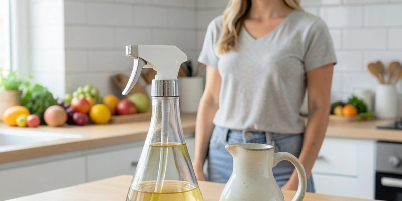 Ordentlich aufgeräumte Küchenarbeitsfläche mit einem Kombi-Ölsprüher, einer kleinen Ölkanne und frischen Kräutern – clean, alltagsnah, keine Diätprodukte im Bild