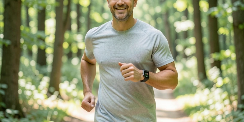 Person mit Sportuhr beim lockeren Joggen in einem Wald – Pulsanzeige am Handgelenk sichtbar, entspanntes Gesicht, kein Keuchen