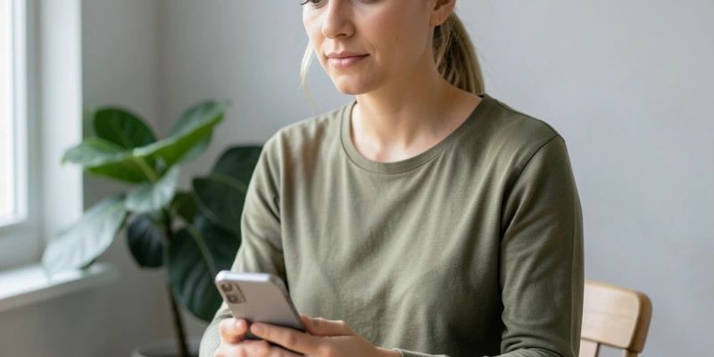 Person sitzt allein an einem Tisch mit Telefon in der Hand – kein Drama, sondern der Moment vor einem Gespräch. Neutral, offen