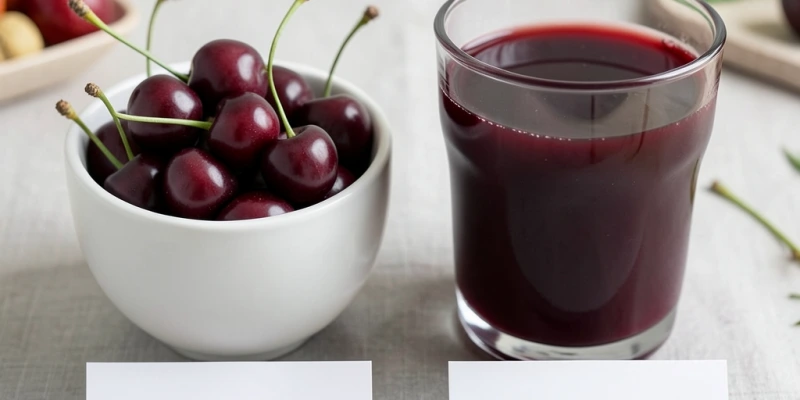 Portionsvergleich – eine Tasse Süßkirschen (ca. 150 g, ca. 75 kcal, ca. 12 g Zucker) neben einem Glas Sauerkirschsaft (200 ml, ca. 80 kcal, ca. 16 g Zucker ohne Zuckerzusatz) – mit Mengenangaben beschriftet