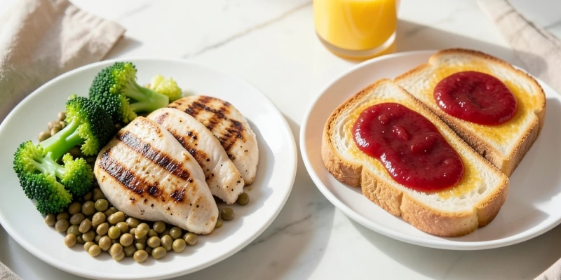 Portionsvergleich zweier Abendmahlzeiten mit ähnlicher Kalorienmenge – links: 150g Hähnchen mit Brokkoli und Linsen; rechts: zwei Scheiben Toast mit Marmelade und Saft – sichtbar unterschiedliche Sättigungszusammensetzung