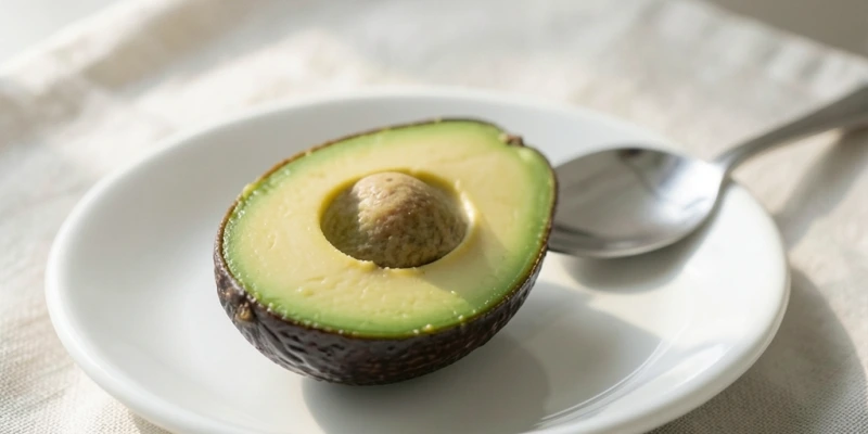 Praktische Portionsgröße: halbe Avocado auf einem kleinen Teller mit Referenzobjekt (z. B. Esslöffel) – zur Veranschaulichung einer realistischen Mahlzeitenportion