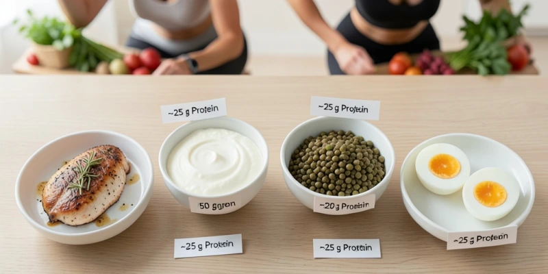 Proteinquellen im Vergleich: je eine Portion mit ~25 g Protein – 100 g Hähnchenbrust, 150 g Magerquark, 120 g gekochte Linsen, 3 Eier – nebeneinander als anschaulicher Überblick