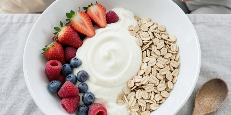 Quark-Beeren-Bowl von oben: 200 g weißer Magerquark in einer Schüssel, belegt mit bunten Beeren und Haferflocken – einfach, konkret, alltagsnah