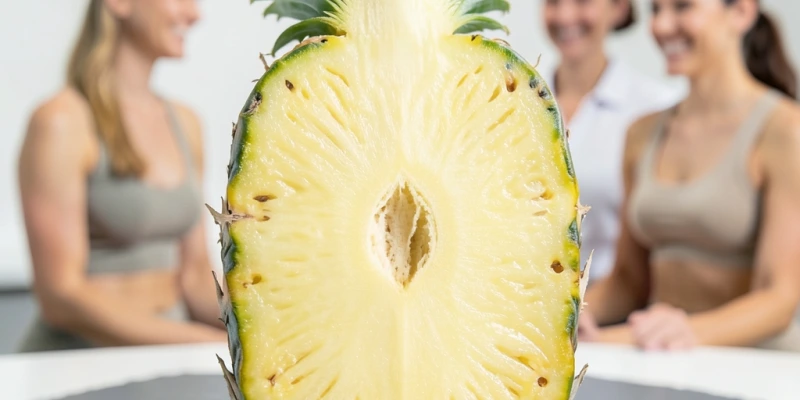 Querschnitt Ananas mit sichtbaren Fruchtfasern und Hinweistext: „Bromelain sitzt vor allem im Strunk – und wird im Magen weitgehend abgebaut, bevor es Wirkung entfalten könnte"