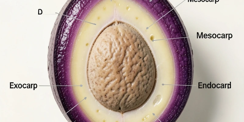 Querschnitt einer Açaí-Frucht mit beschrifteten Schichten: Schale, dünnes Fruchtfleisch, großer Kern – als anatomische Illustration, keine Werbeästhetik