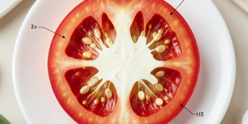 Querschnitt einer roten Chilischote mit Hervorhebung der Samen und Trennwände, die die höchste Capsaicin-Konzentration enthalten – verglichen mit dem milden Fruchtfleisch