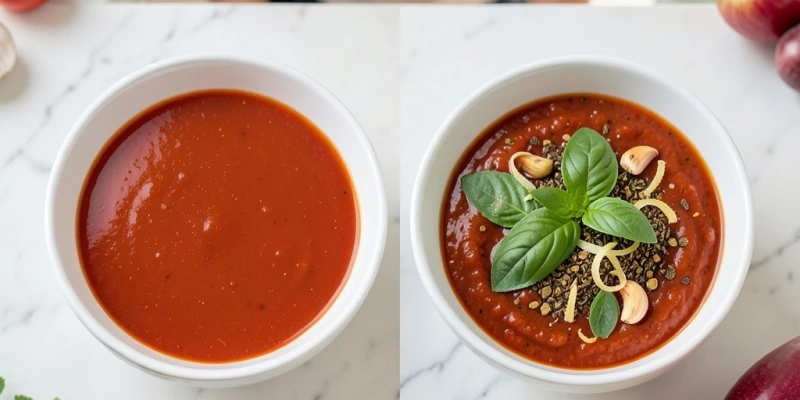 Querschnitt einer Tomatensauce – links wenig Gewürze, rechts mit Basilikum, Oregano, Knoblauch und Zitronenabrieb: gleiches Grundrezept, unterschiedliche Aromatiefe