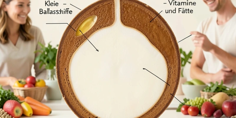 Querschnitt eines Dinkelkorns mit Beschriftung: Kleie (außen, Ballaststoffe), Keimling (Vitamine, Fette) und Mehlkörper (innen, Stärke) – zur Veranschaulichung des Mahlgradunterschieds