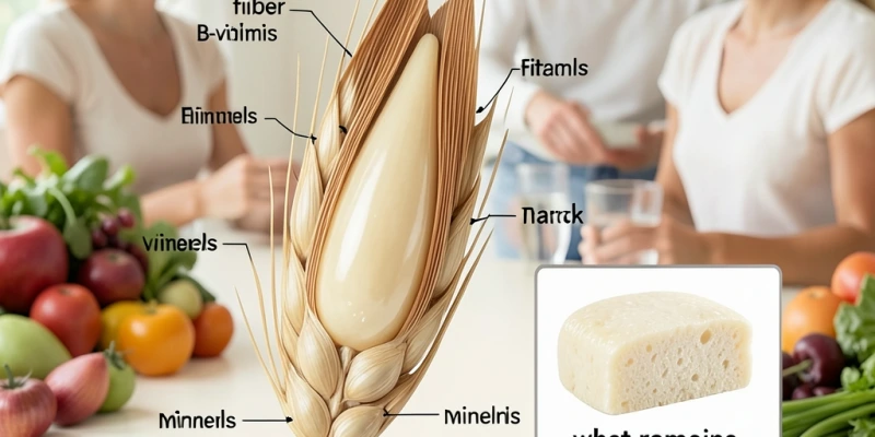 Querschnitt eines Getreidekorns mit beschrifteten Schichten: Kleie (Ballaststoffe, B-Vitamine), Keimling (Vitamine, Mineralien), Mehlkörper (Stärke) – und Markierung, was beim Weißmehl übrig bleibt