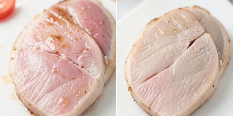 Querschnitt eines Hähnchenfilets nach 6 Minuten Kontaktgrill vs. nach 12 Minuten Pfanne – sichtbarer Feuchtevergleich im Inneren