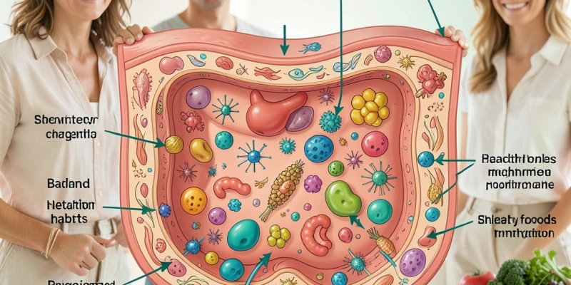 Querschnitt-Illustration der Darmschleimhaut mit gut erkennbaren Immunzellen und Bakterien – zeigt, wie Ballaststoffe als Nahrung für Darmbakterien wirken, die wiederum Schutzfettsäuren produzieren